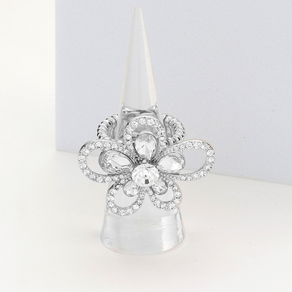 Silver Stone Stretch Rhinestone Crystal Fashion Flower Ring Finger Adjustable